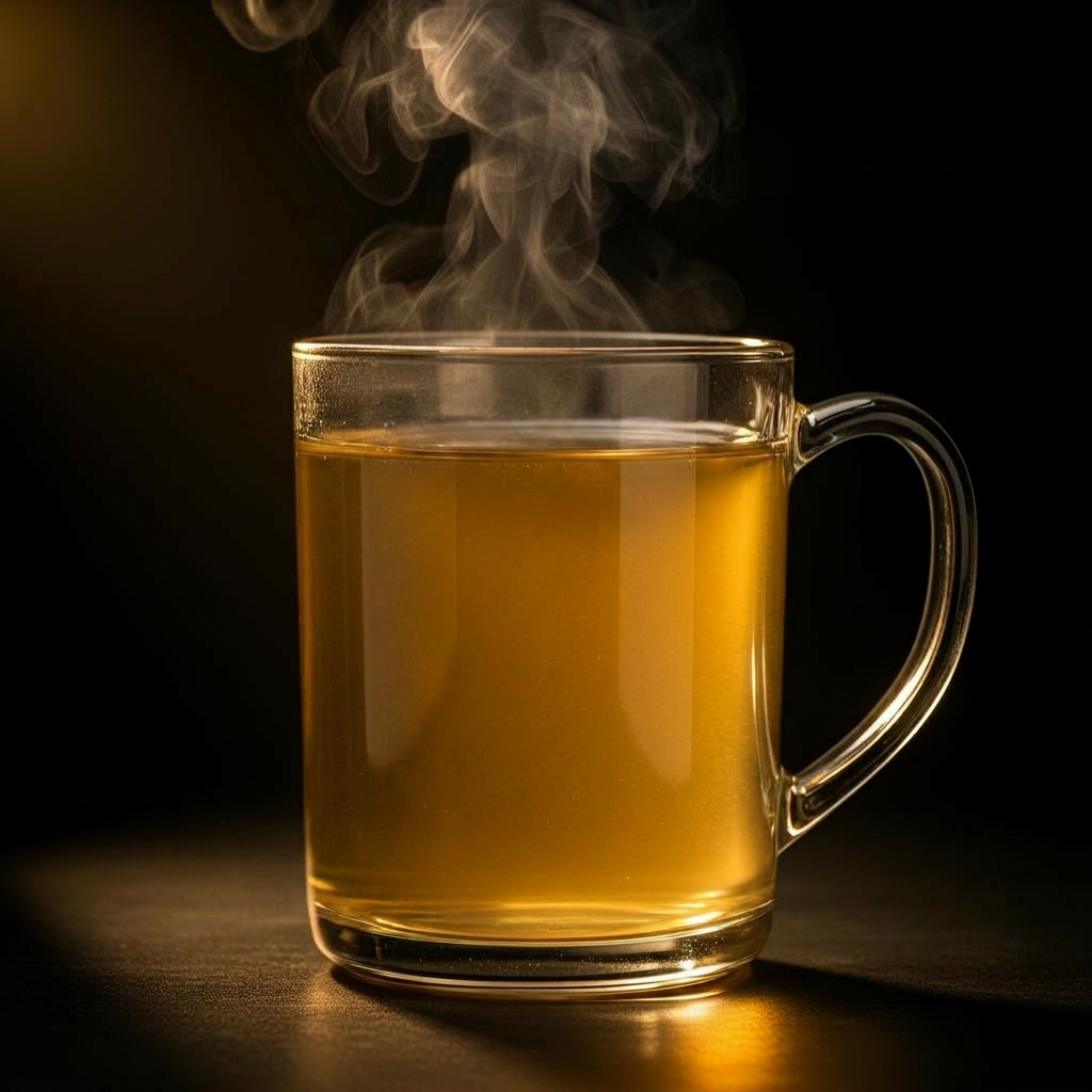 Caneca com caldo bovino fumegante